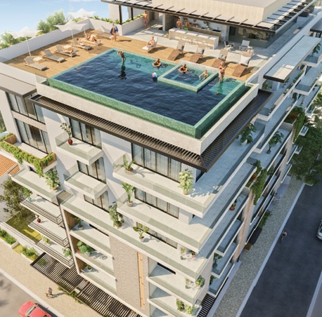 Aerial view with rooftop infinity pool — Naalua 603 residence, Bucerias (render)